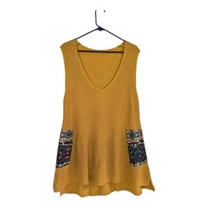 Boho Lagenlook Mustard Knit Tunic Top 1XL Oversized Patchwork Artsy Festival